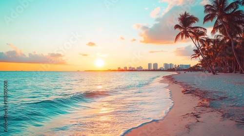 A beautiful beach with a palm tree in the background