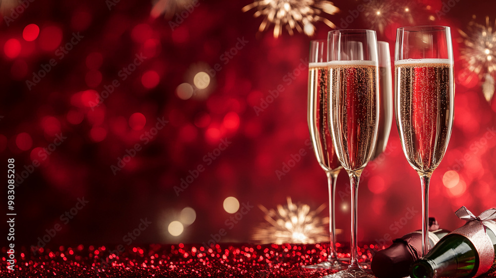 New Year's Eve celebration with champagne glasses and party decorations background New Year's Eve celebration with champagne glasses and party decorations background