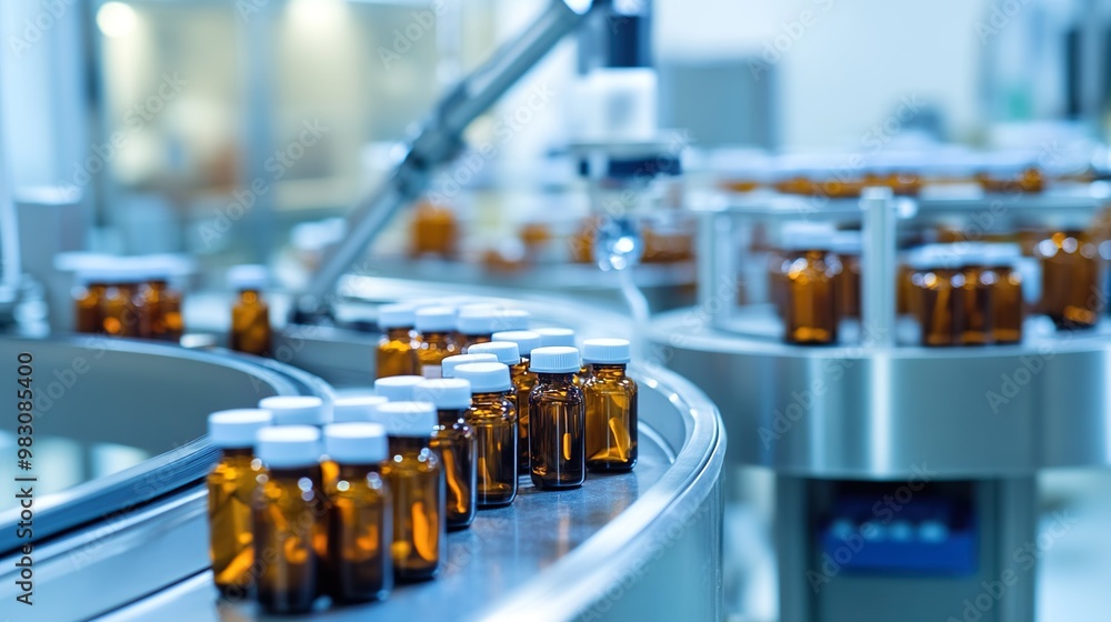 A conveyor belt with bottles of medicine on it A conveyor belt with bottles of medicine on it