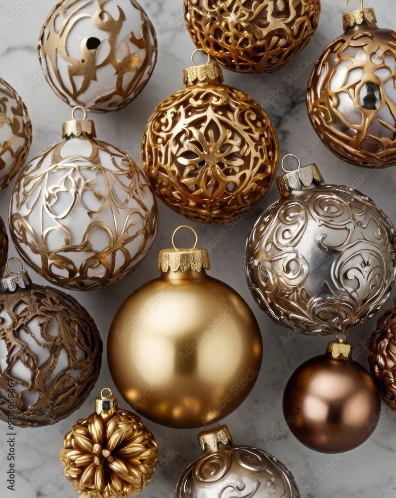 A collection of gold and silver ornaments, including eggs. Christmas, Christmas tree A collection of gold and silver ornaments, including eggs. Christmas, Christmas tree