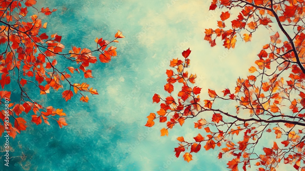Amidst a turquoise sky, vibrant autumn leaves in shades of red and orange adorn tree branches, capturing the essence of the fall season. Amidst a turquoise sky, vibrant autumn leaves in shades of red and orange adorn tree branches, capturing the essence of the fall season.