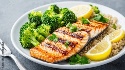 Delicious grilled salmon served with fresh broccoli and lemon slices on a plate, perfect for a healthy meal.