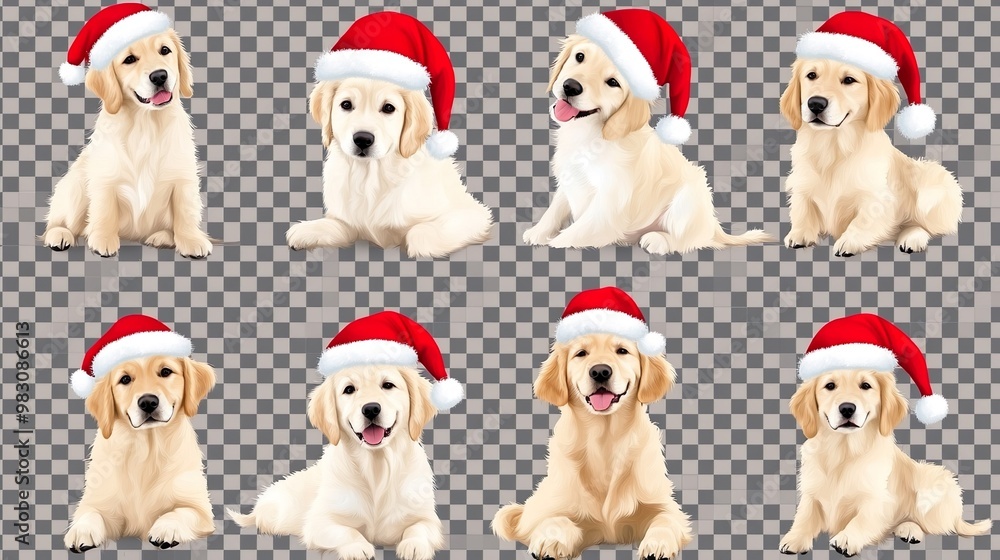 A series of puppies wearing Santa hats A series of puppies wearing Santa hats