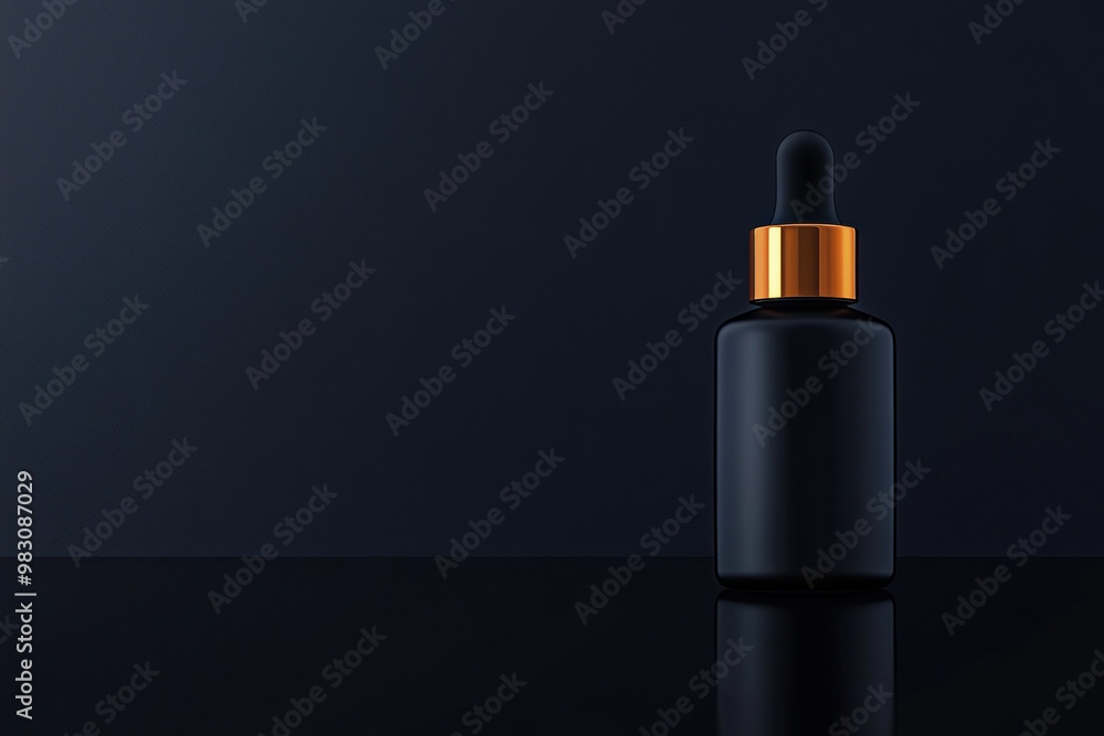 Twotone serum bottle with matte black and metallic gold finishes, placed on a reflective black surface, serum bottle, highend luxury concept Twotone serum bottle with matte black and metallic gold finishes, placed on a reflective black surface, serum bottle, highend luxury concept