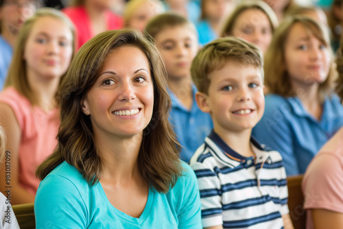 Smiling Woman and Children in a Group Setting