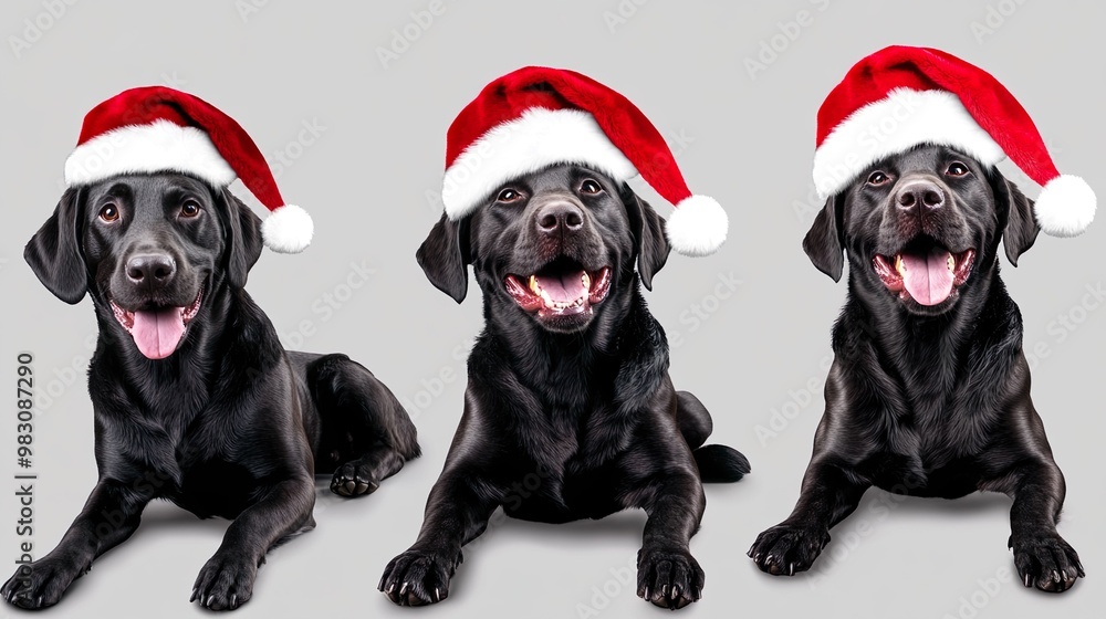 Three black dogs are wearing red santa hats and are smiling Three black dogs are wearing red santa hats and are smiling