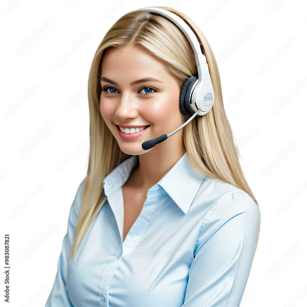 Smiling, Beautiful, and Friendly Fictional Young American Woman in a Customer Service Role, Wearing a Headset, Isolated on a Transparent Background Smiling, Beautiful, and Friendly Fictional Young American Woman in a Customer Service Role, Wearing a Headset, Isolated on a Transparent Background