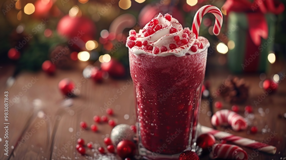 Red Christmas Drink with Whipped Cream and Candy Cane Red Christmas Drink with Whipped Cream and Candy Cane