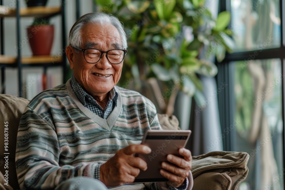 Elderly man in glasses smiling with digital tablet at home - Retirement connectivity Elderly man in glasses smiling with digital tablet at home - Retirement connectivity