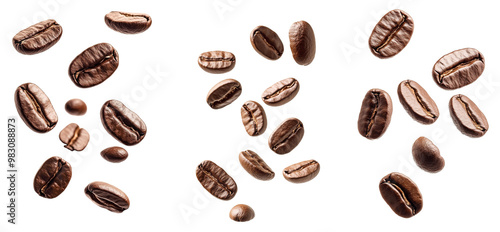 Set of Falling coffee beans isolated on white background, clipping path, full depth of field