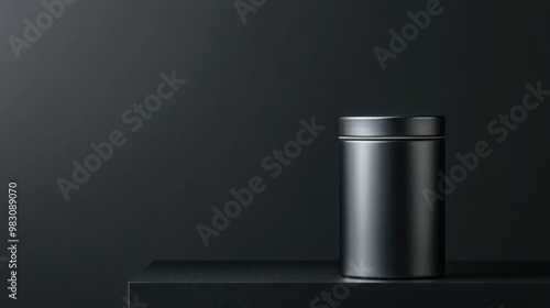 Minimalist tin can mockup with metallic silver finish, photographed on a sleek black reflective surface, tin can mockup, modern luxury packaging concept