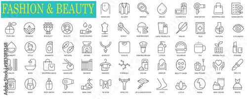 Set of Fashion and beauty web icons set in thin line design. Pack of perfume, hairdresser, manicure, salon, athletics, lip augmentation, skin cream, other outline stroke pictograms.