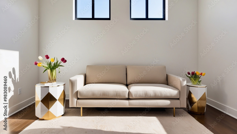 Obraz premium There is a beige modern sofa. White walls. It has a white side table with gold tones, a vase of flowers and tulips. There are no windows, and the room is very beautiful with sunlight coming in, making
