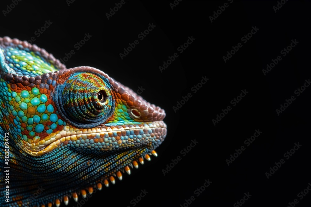 Obraz premium A colorful lizard with a green and blue face. The lizard is looking at the camera. The image has a mood of curiosity and wonder