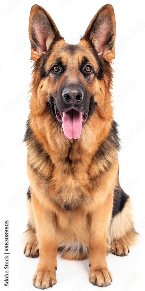 A large brown and black dog with a pink tongue is sitting on a white background. The dog has a serious expression on its face A large brown and black dog with a pink tongue is sitting on a white background. The dog has a serious expression on its face