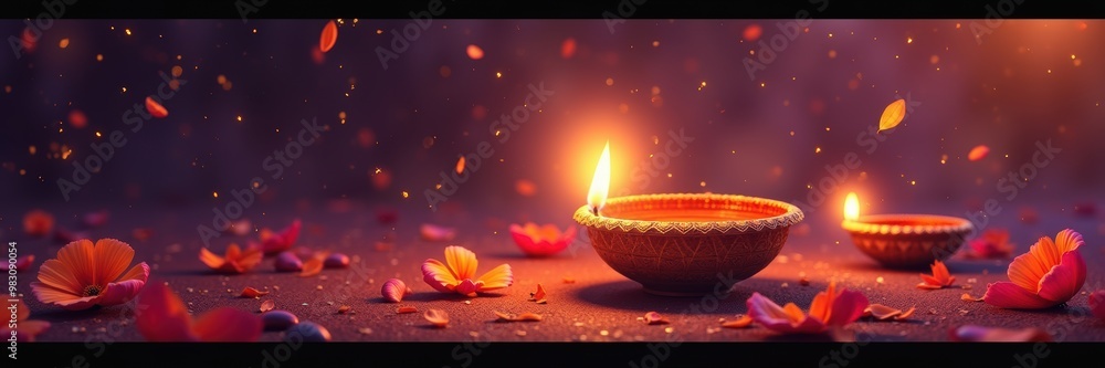 Serene decorative scene featuring lit oil lamps and flower petals, perfect for themes of celebration, spirituality, and tradition. Serene decorative scene featuring lit oil lamps and flower petals, perfect for themes of celebration, spirituality, and tradition.