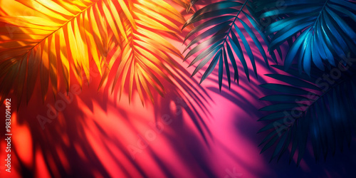 Lush tropical leaves cast vibrant shadows against a gradient of sunset colors, perfect for vibrant decor, summer campaigns, and creative projects. photo