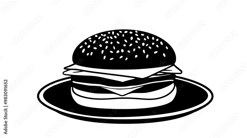 Cheeseburger placed centrally on a ceramic plate, food illustration vector Cheeseburger placed centrally on a ceramic plate, food illustration vector