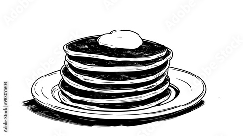 Breakfast table with a stack of buttermilk pancakes on a white plate, food vector illustration