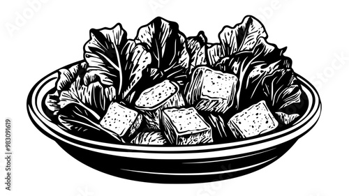 Caesar salad arranged in a dish with romaine lettuce, croutons, parmesan, and Caesar dressing, food vector illustration