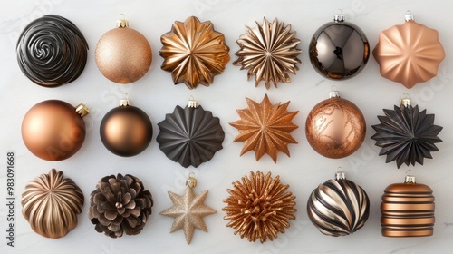 A collection of gold and black ornaments, including stars, pine cones. Christmas, Christmas tree