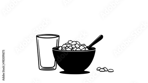 Bowl of cold cereals with milk and a spoon beside it, food vector illustration