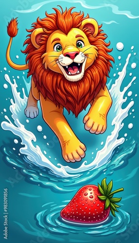 A cheerful cartoon lion leaps joyfully through water towards a vibrant strawberry, perfect for children s content, educational materials, or fun marketing campaigns. photo