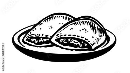 Chicken empanada cut in half with filling visible, placed on a plate, food vector graphic