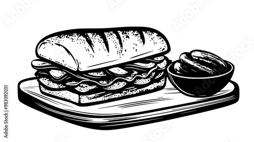 Classic deli sandwich on a wooden cutting board beside a small bowl of pickles, food illustration vector