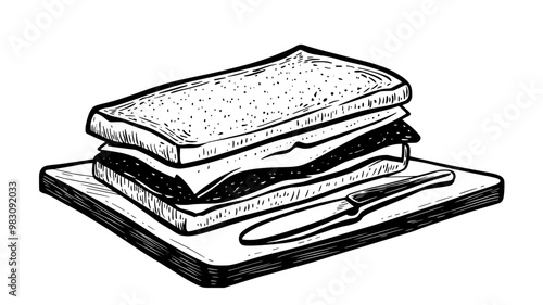 Classic deli sandwich sliced open on a wooden surface beside a butter knife, food vector graphic