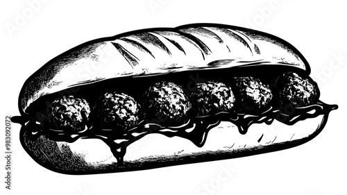 Close-up of meatball sub showing meatballs and sauce in roll, food illustration vector