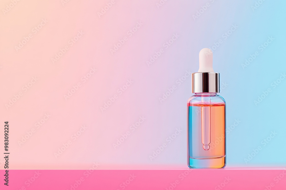 A serum bottle with iridescent liquid inside, set against a pastelcolored background, emphasizing its radiant qualities, serum bottle, radiance and glow concept A serum bottle with iridescent liquid inside, set against a pastelcolored background, emphasizing its radiant qualities, serum bottle, radiance and glow concept