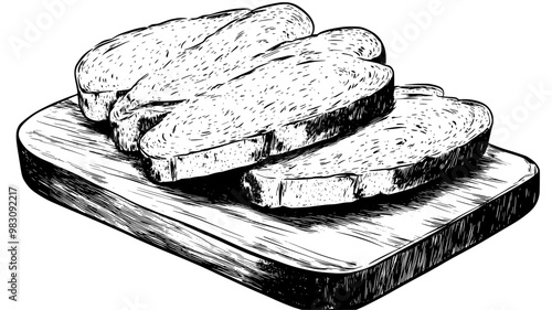 Close-up of ciabatta bread slices stacked on a cutting board with crumbs, food vector graphic