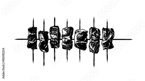 Close-up of grilled meat pieces aligned on a skewer, food illustration vector