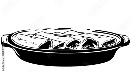 Close-up of enchiladas in a ceramic dish with steam rising, food vector graphic