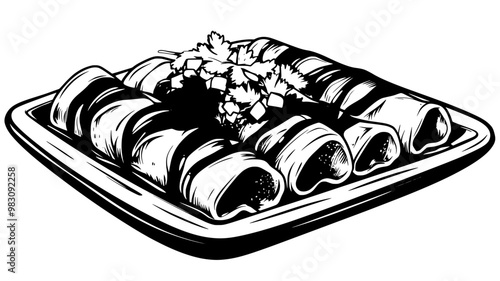 Close-up of enchiladas with sauce and garnish, arranged neatly on a rectangular plate, food vector illustration