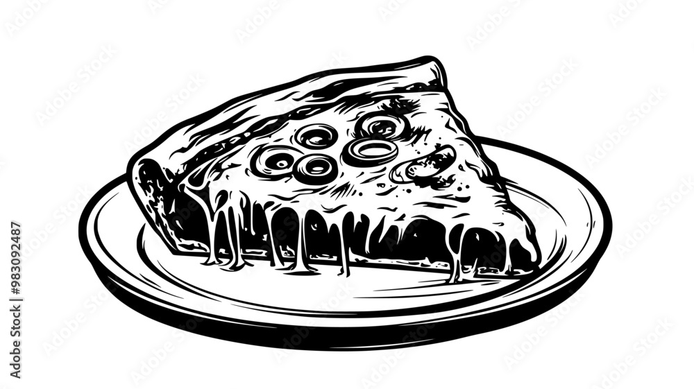 Deep dish pizza slice on a plate, with toppings visible and crust surrounding the slice, food illustration vector Deep dish pizza slice on a plate, with toppings visible and crust surrounding the slice, food illustration vector