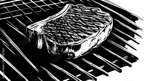 Sizzling steak on a barbecue grill with smoke rising, food illustration vector