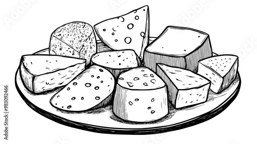 Collection of cheeses arranged in an organized pattern on a white plate, food illustration vector