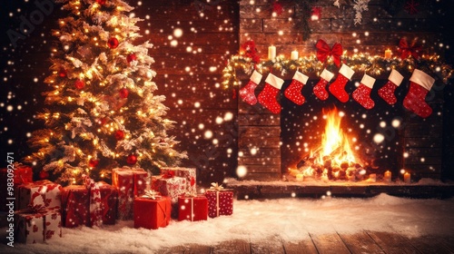 A cozy living room with a Christmas tree and a fireplace. Christmas, Christmas tree