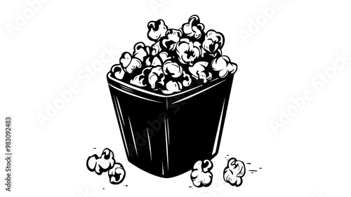 Container filled with kettle corn, with coated kernels spilling over, food illustration vector