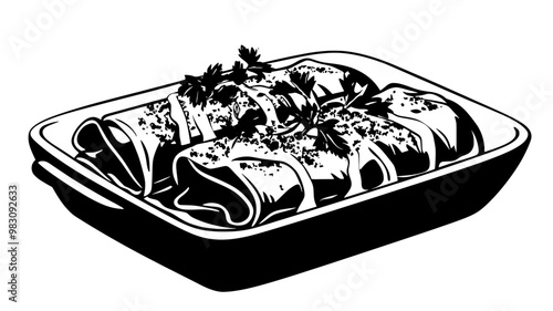Dish of enchiladas on a flat surface with a portion already served, food vector graphic