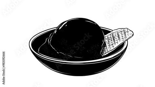 Dish of gelato with a single scoop, served with a thin wafer on the side, food vector illustration