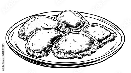 Four vegetarian empanadas arranged in a circle on a plate, food vector illustration