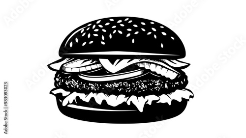 Grilled beef burger with lettuce, onions, and cheese on a sesame bun, food vector graphic