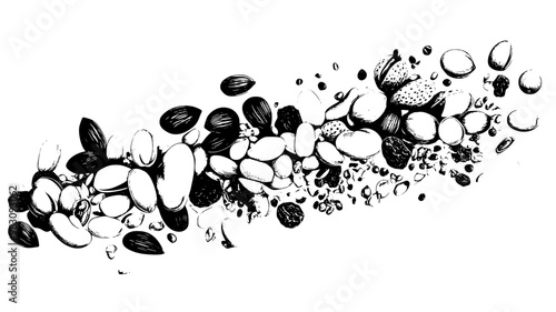 Group of mixed nuts, seeds, and dried fruits scattered randomly, food vector illustration