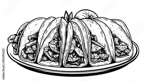 Multiple hard shell tacos arranged on a platter, showcasing layers of meat and vegetables, food vector illustration