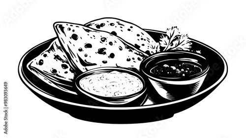 Naan placed on a plate with dipping sauces and garnish, food vector graphic