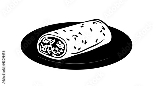 Neatly rolled breakfast burrito centered on a round plate, food vector graphic