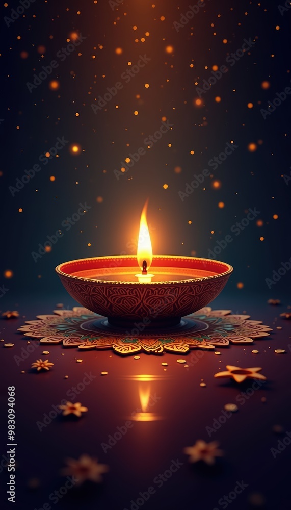 A serene, glowing diya candle set against a dark background, creating a warm and inviting atmosphere, perfect for celebrations and spiritual occasions. A serene, glowing diya candle set against a dark background, creating a warm and inviting atmosphere, perfect for celebrations and spiritual occasions.